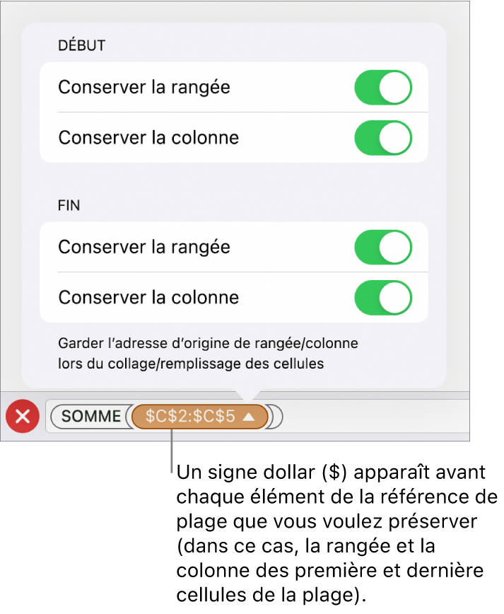 Commandes permettant d’indiquer les références de rangée et de colonne d’une cellule devant être conservées si la cellule est déplacée ou copiée. Un symbole de dollar s’affiche avant chaque partie de la référence d’intervalle que vous voulez conserver.