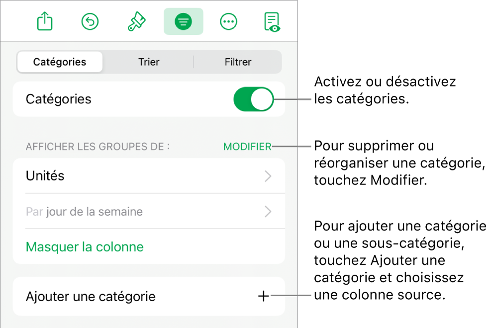 Le menu Catégories pour l’iPad avec des options pour désactiver des catégories, supprimer des catégories, regrouper des données, masquer une colonne source et ajouter des catégories.