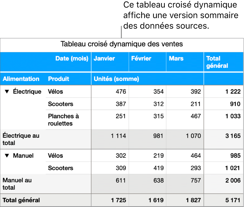 Tableau croisé dynamique affichant des données résumées et des commandes permettant de révéler certaines données.