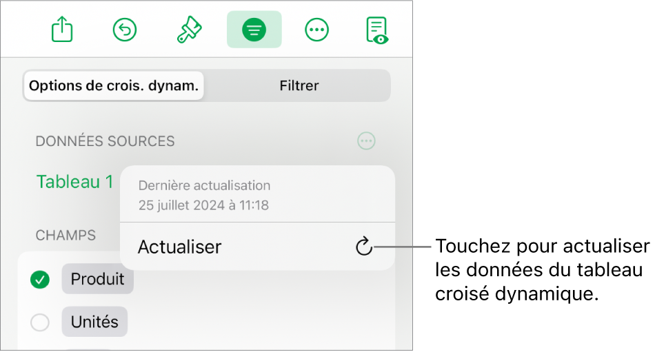 Le menu Options de croisement dynamique affichant l’option d’actualisation du tableau croisé dynamique.