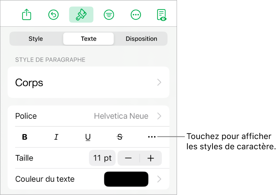 Les commandes de Format avec les styles de paragraphes en haut, puis les commandes de Police. Sous Police se trouvent les boutons Gras, Italique, Souligné, Barré et Plus d’options de texte.