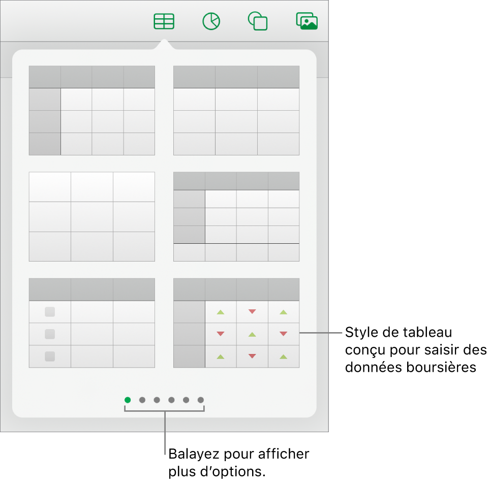 Fenêtre contextuelle du tableau affichant les vignettes des styles de tableaux, avec un style spécial pour la saisie d’informations boursières dans le coin inférieur droit. Les six points situés en bas indiquent que vous pouvez balayer l’écran pour afficher d’autres styles.