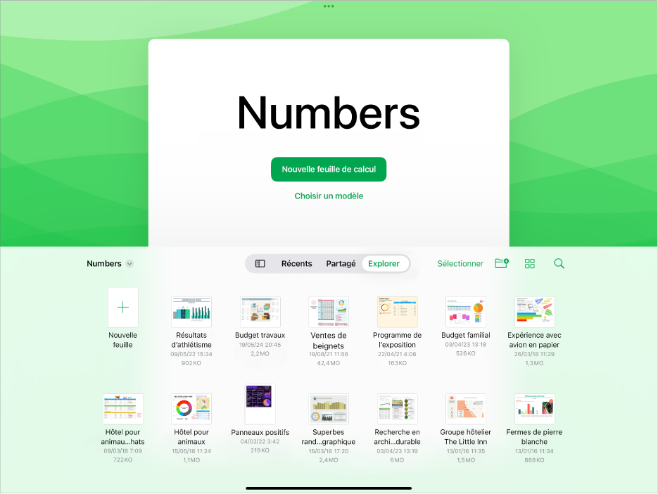 Le gestionnaire de documents de Numbers avec des boutons permettant de créer une feuille de calcul ou de choisir un modèle en haut de l’écran et des commandes pour ouvrir des feuilles de calcul enregistrées en bas.