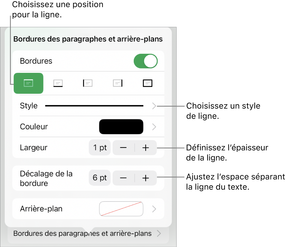 Commandes permettant de modifier le style, l’épaisseur, la position et la couleur de la ligne.