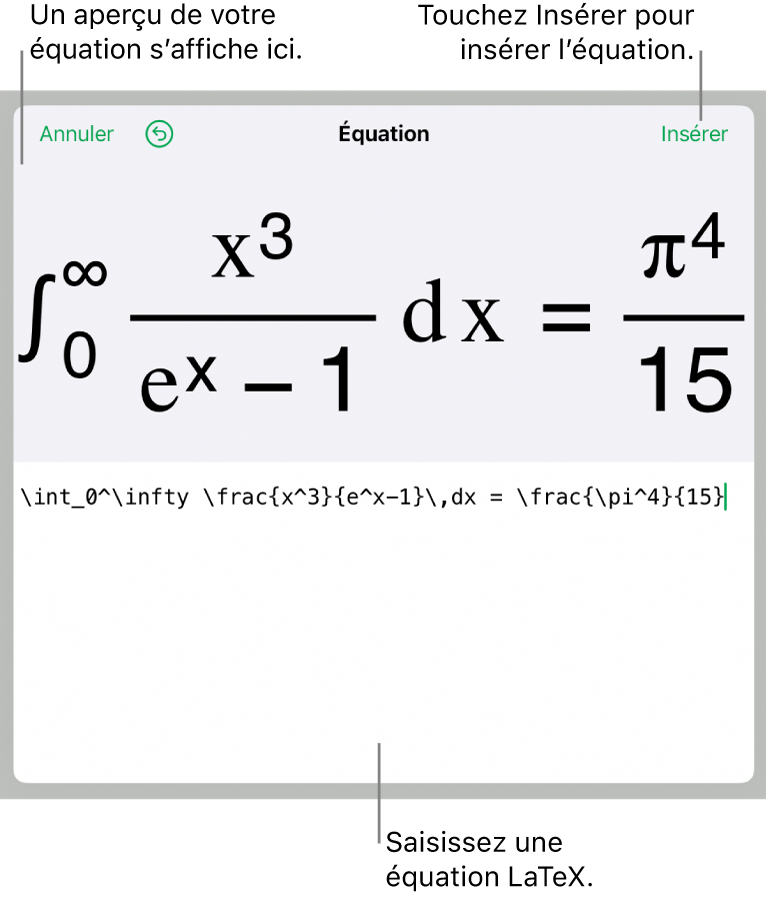 Zone de dialogue Équation, affichant une équation composée à l’aide des commandes LaTeX, et un aperçu de la formule au-dessus.