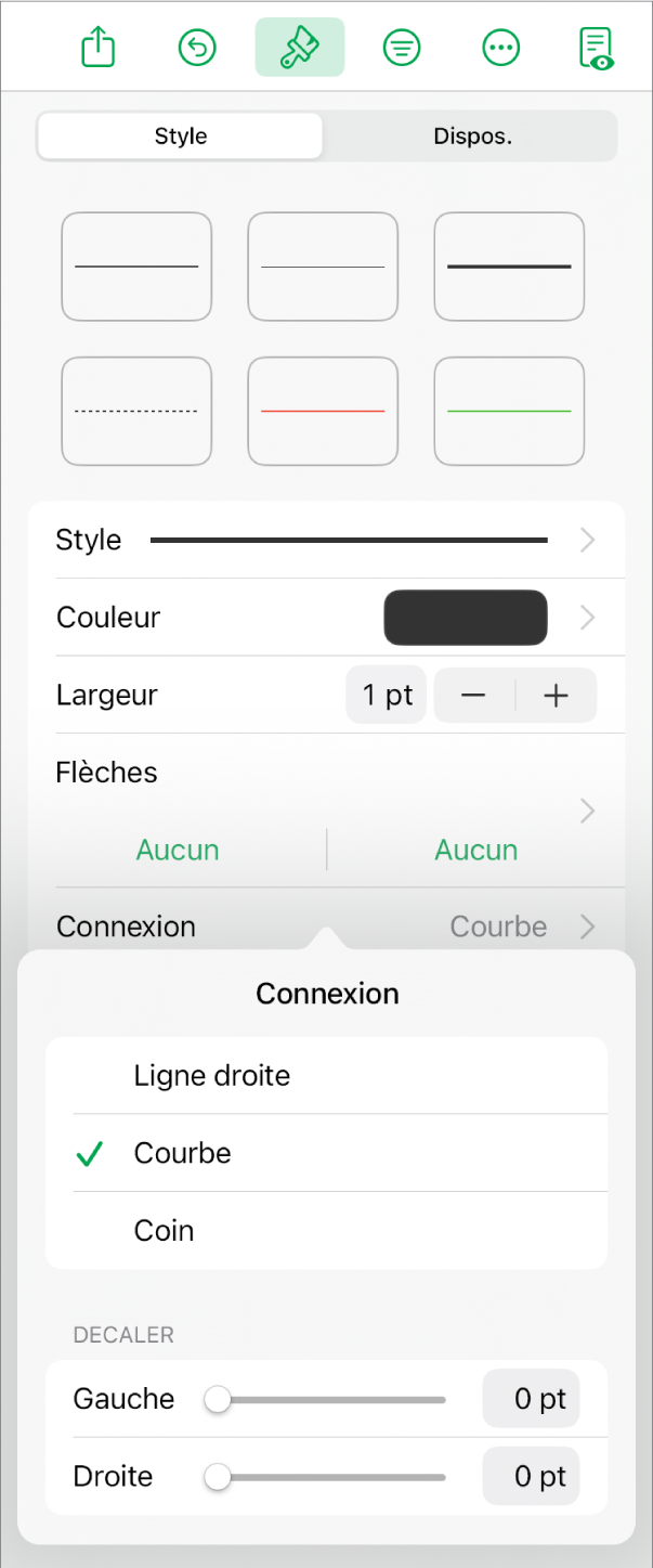 Les commandes Connexion avec l’option Courbe sélectionnée.