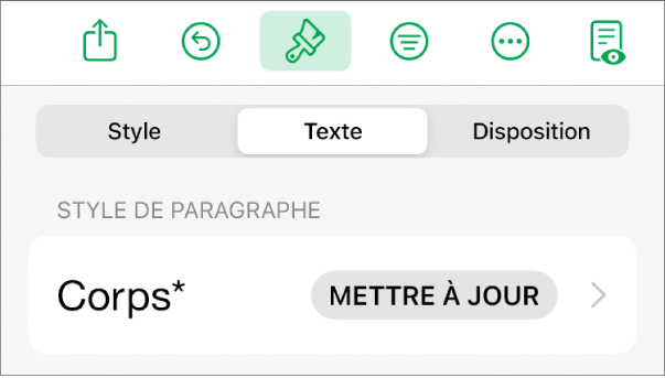 Style de paragraphe avec un astérisque à côté de celui-ci et un bouton Mettre à jour situé à droite.