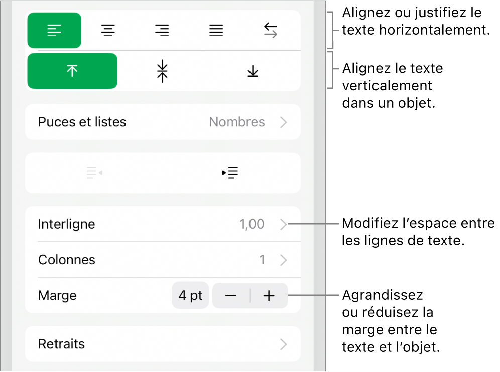 Section Disposition de l’inspecteur Format avec les légendes des boutons d’alignement et d’espacement de texte.