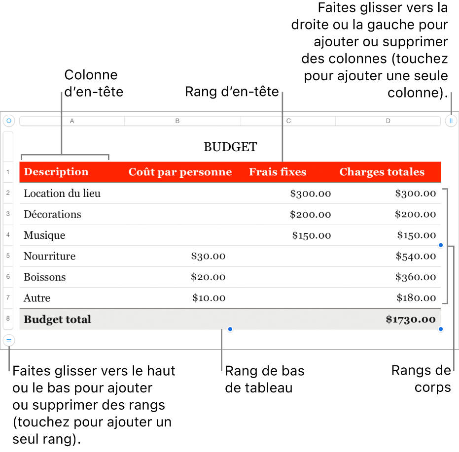 Tableau affichant des rangs et des colonnes d’en-tête, de corps et de bas de tableau, et poignées pour ajouter ou supprimer des rangs ou des colonnes.