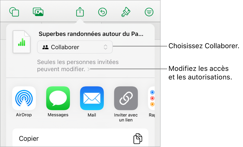 Le menu Partager avec l’option Collaborer sélectionnée en haut, et des réglages d’accès et d’autorisation en dessous.