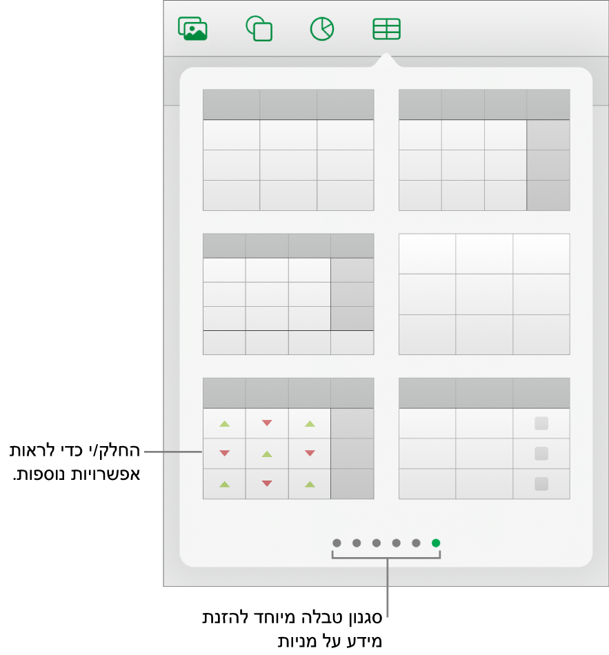 הפריט הקופצני של טבלה מציג תמונות ממוזערות של סגנונות טבלה עם סגנון מיוחד להזנת פרטי מניות בפינה הימנית התחתונה. שש הנקודות בתחתית מציינות שניתן להחליק כדי לראות סגנונות נוספים.