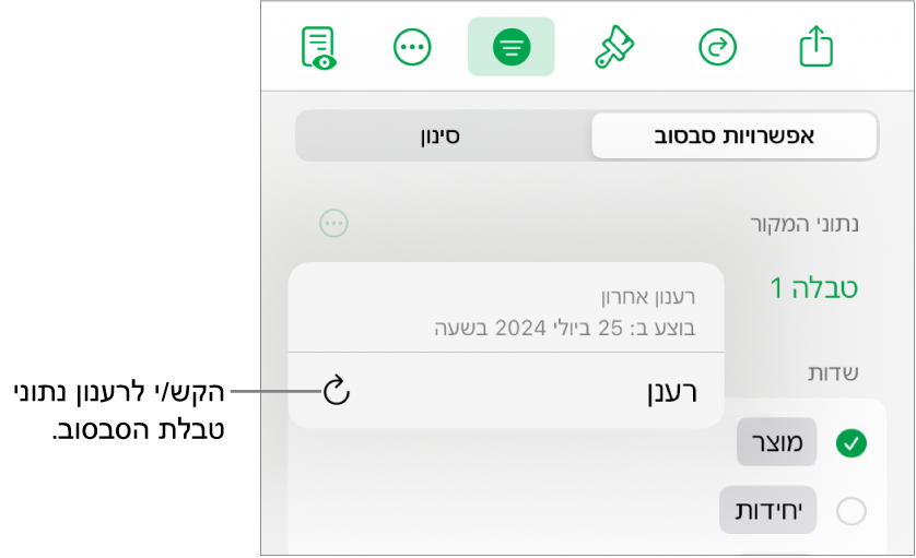 התפריט ״אפשרויות סבסוב״ עם האפשרות לרענון טבלת הסבסוב.