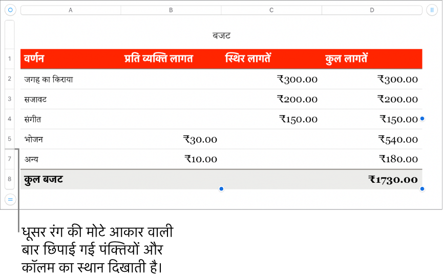 छिपी हुई पंक्तियों और कॉलम का स्थान दिखाने वाली एक मोटी ग्रे बार