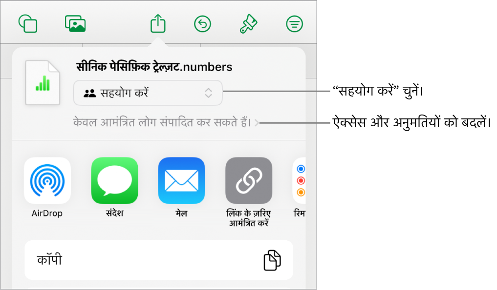 “शेयर करें” मेनू और शीर्ष पर “सहयोग करें” तथा नीचे ऐक्सेस और अनुमतियाँ चुनी हुई हैं।