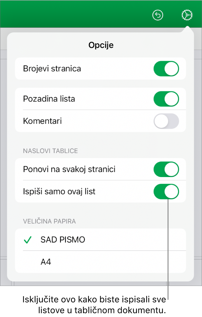 Prozor s pregledom ispisa s kontrolama za prikaz numeracije stranica, zaglavljima koja se ponavljaju na svakoj stranici, promjenom veličine papira i odabirom ispisa cijelog tabličnog dokumenta ili samo trenutačnog lista.