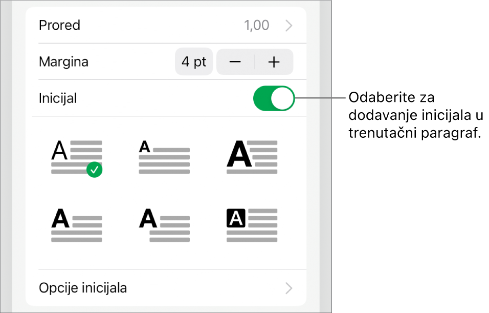 Kontrole opcija Inicijal koje se nalaze u izborniku Tekst.