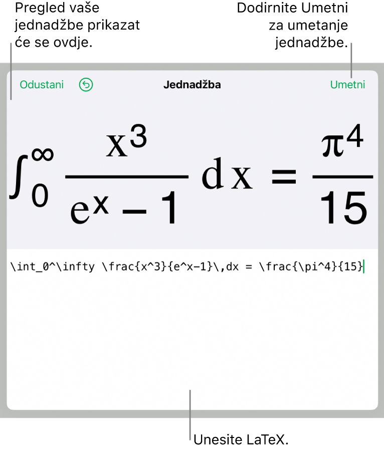 Dijaloški okvir Jednadžba koji prikazuje jednadžbu napisanu korištenjem LaTeX naredbi i prikaz gornje formule.
