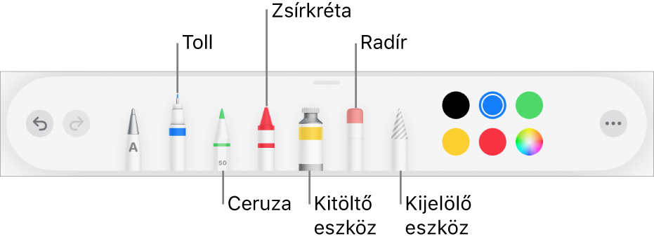 A rajz eszközsor tollal, ceruzával, zsírkrétával, kitöltőeszközzel, radírral, kijelölés eszközzel és az aktuális színt megjelenítő színrekesszel. A jobb szélen a Továbbiak menü gombja látható