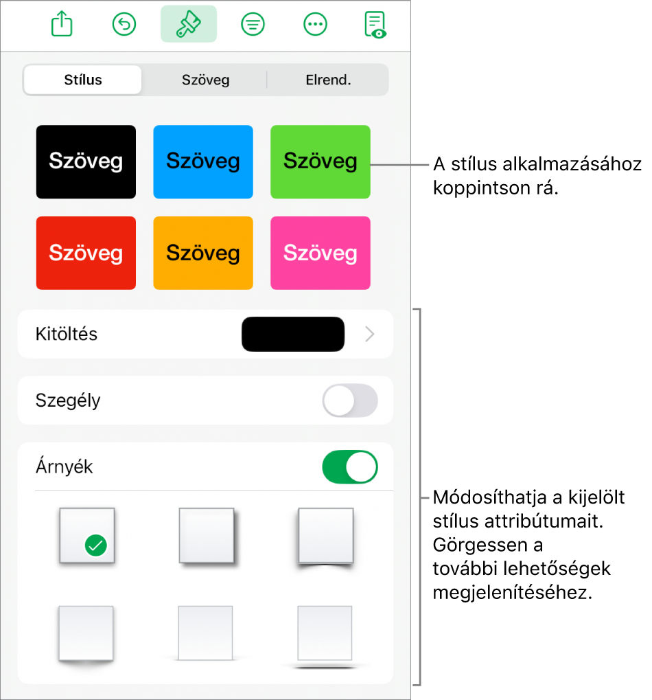 A Formátum menü Stílus panelje, felül az objektumstílusokkal, alattuk pedig a kitöltés, a szegély és az árnyék módosítására szolgáló vezérlőkkel.