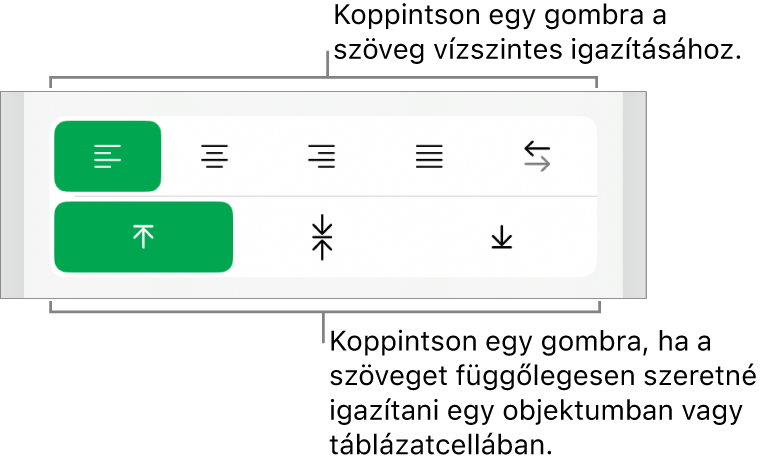 A szövegek vízszintes és függőleges igazítására szolgáló gombok.