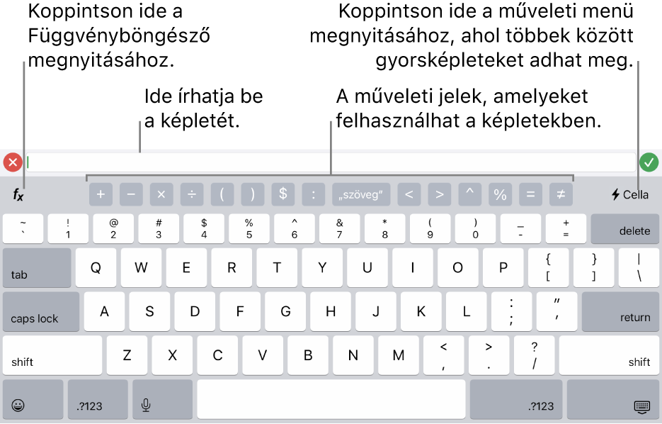 A képletbillentyűzet, amelynek tetején a képletszerkesztő látható, alatta pedig a képletekben használt műveleti jelek. A műveleti jelektől balra található a Függvényböngésző megnyitására szolgáló Függvények gomb, a műveleti jelektől jobbra pedig a Műveletmenü gomb.