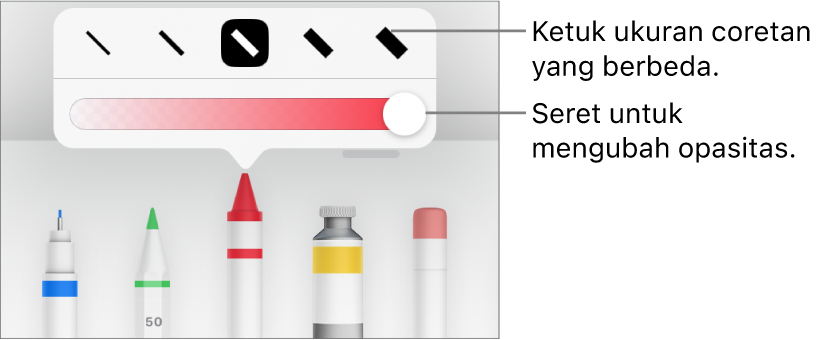 Kontrol untuk memilih ukuran coretan dan penggeser untuk menyesuaikan opasitas.