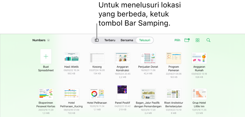 Tampilan telusur pengelola dokumen dengan tautan lokasi di pojok kiri atas dan di bawahnya terdapat bidang Cari. Di pojok kanan atas terdapat tombol Tambah Spreadsheet; tombol Folder Baru; menu pop-up untuk menggunakan tampilan daftar atau ikon, dan untuk memfilter menurut nama, tanggal, ukuran, jenis, dan label; serta tombol Pilih. Di bawah ini terdapat gambar mini dari spreadsheet yang ada.