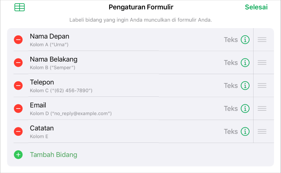 Kontrol pengaturan formulir, menampilkan pilihan untuk menambahkan, mengedit, menyusun ulang, dan menghapus bidang, serta untuk mengubah format bidang (seperti dari Teks ke Persentase).