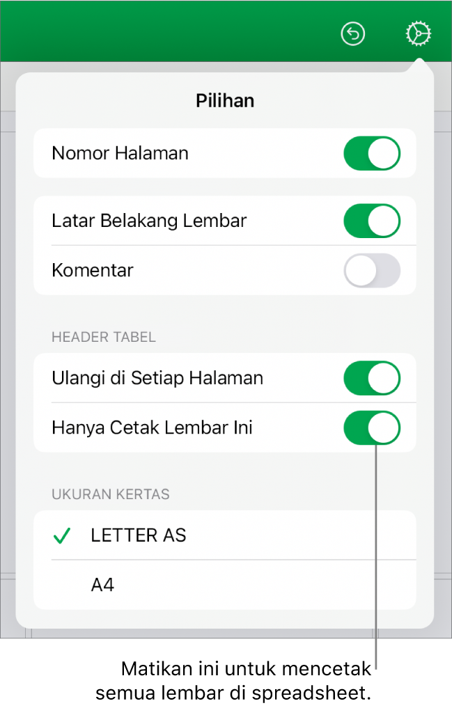 Untuk mencetak panel pratinjau, dengan kontrol untuk menampilkan nomor halaman, mengulangi header di tiap halaman, mengubah ukuran kertas, atau memilih untuk mencetak seluruh spreadsheet atau hanya lembar yang sedang dibuka.