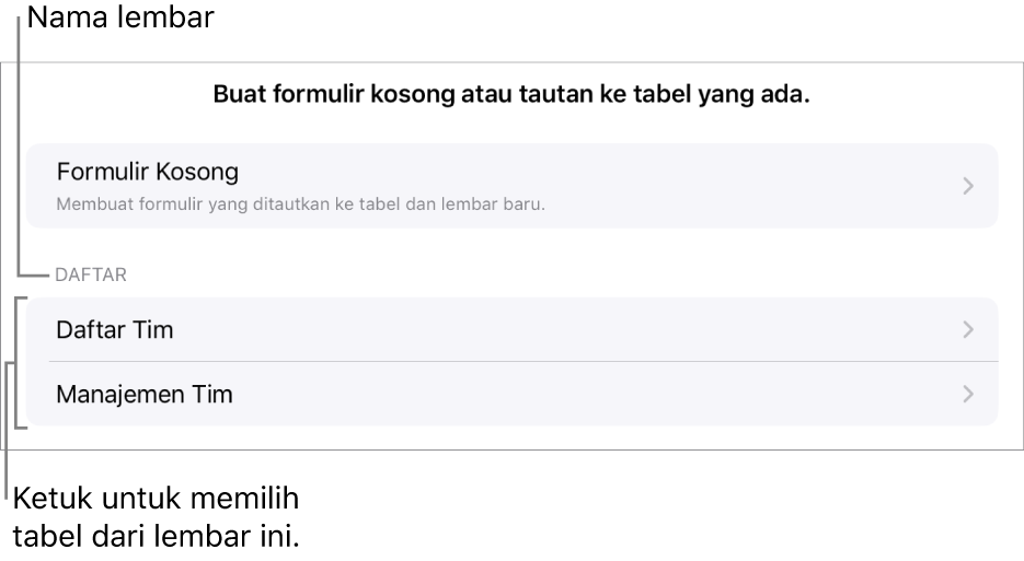 Daftar tabel yang ada di spreadsheet yang sama, dengan pilihan untuk membuat formulir kosong di bagian atas.