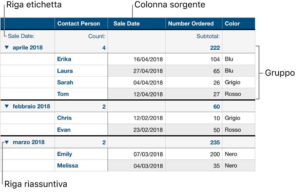 Una tabella organizzata per categorie che mostra colonne sorgente, gruppi, righe riepilogo e righe etichetta.