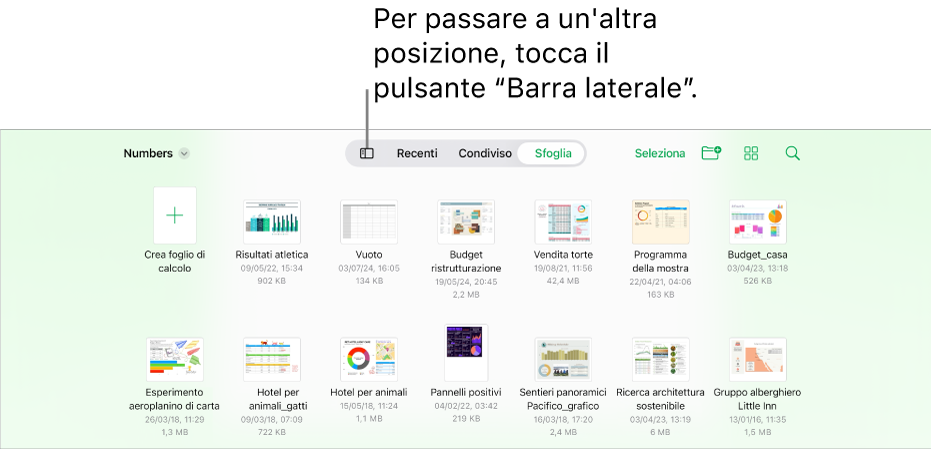 Vista sfoglia del gestore documenti con un link a una posizione nell’angolo superiore sinistro e al di sotto un campo Cerca. Nell’angolo in alto a destra sono presenti il pulsante “Aggiungi foglio di calcolo”, il pulsante “Nuova cartella”, un menu a comparsa per la vista elenco o la vista a icone, un menu per filtrare per nome, data, dimensioni, tipo e tag e il pulsante Seleziona. Sotto sono visibili le miniature dei fogli di calcolo esistenti.