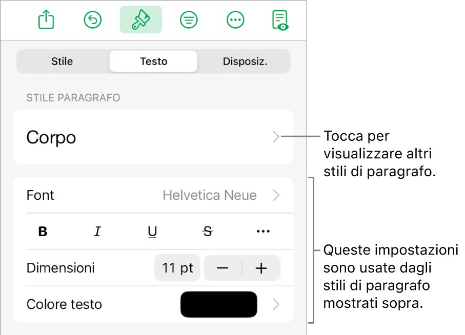 Menu Formato con controlli di testo per impostare stili carattere e paragrafo, font, dimensione e colore.