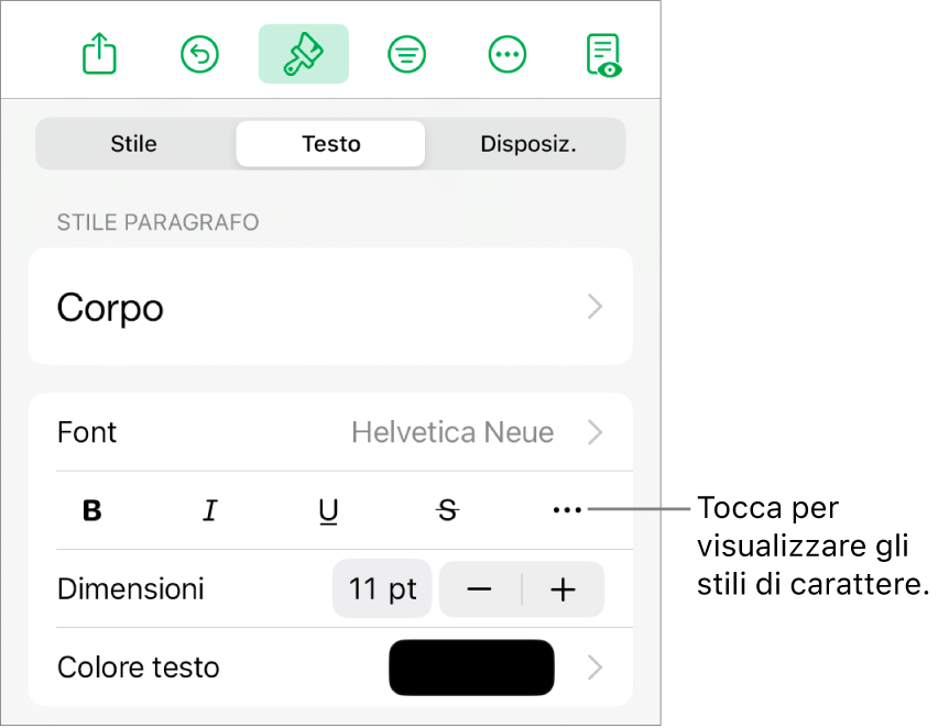 I controlli Formato con gli stili di paragrafo nella parte superiore, quindi i controlli Font. Sotto Font sono presenti i pulsanti Grassetto, Corsivo, Sottolineato, Barrato e “Altre opzioni di testo”.