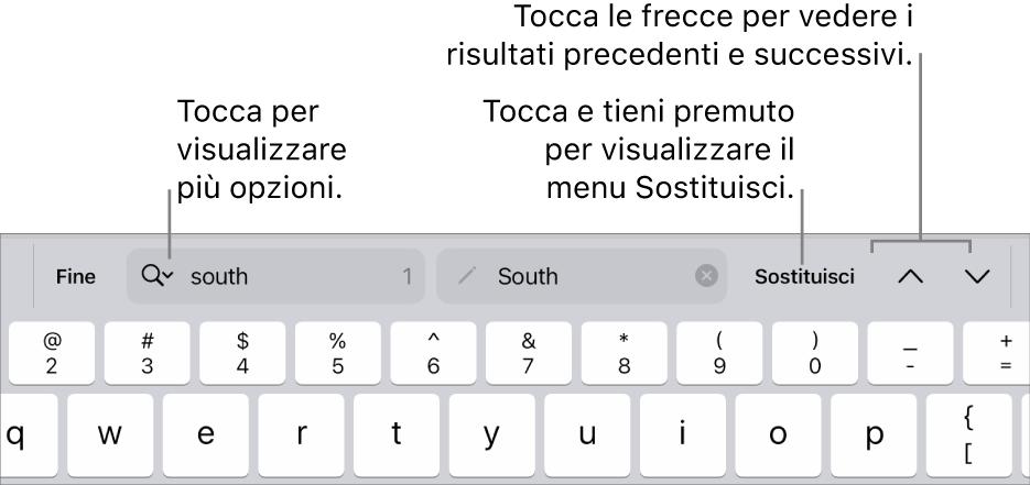 I controlli di “Trova e sostituisci” sopra alla tastiera con le didascalie delle opzioni di Ricerca, Sostituisci e i pulsanti “Freccia su” e “Freccia giù”.