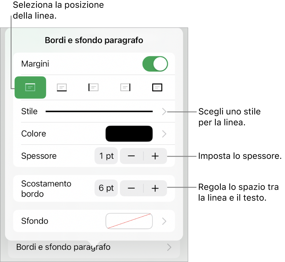 Controlli per modificare lo stile, lo spessore, la posizione e il colore della linea.
