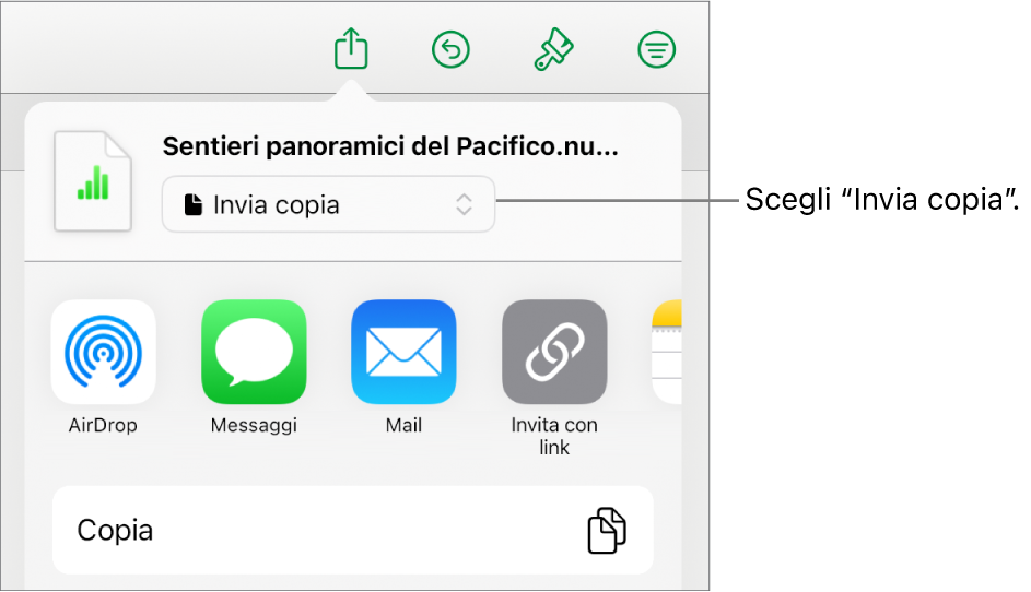 Il menu Condividi con l’opzione “Invia copia” selezionata in alto.