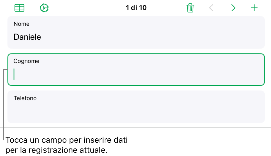 Una registrazione in un modulo che mostra un campo attivo con un punto di inserimento.