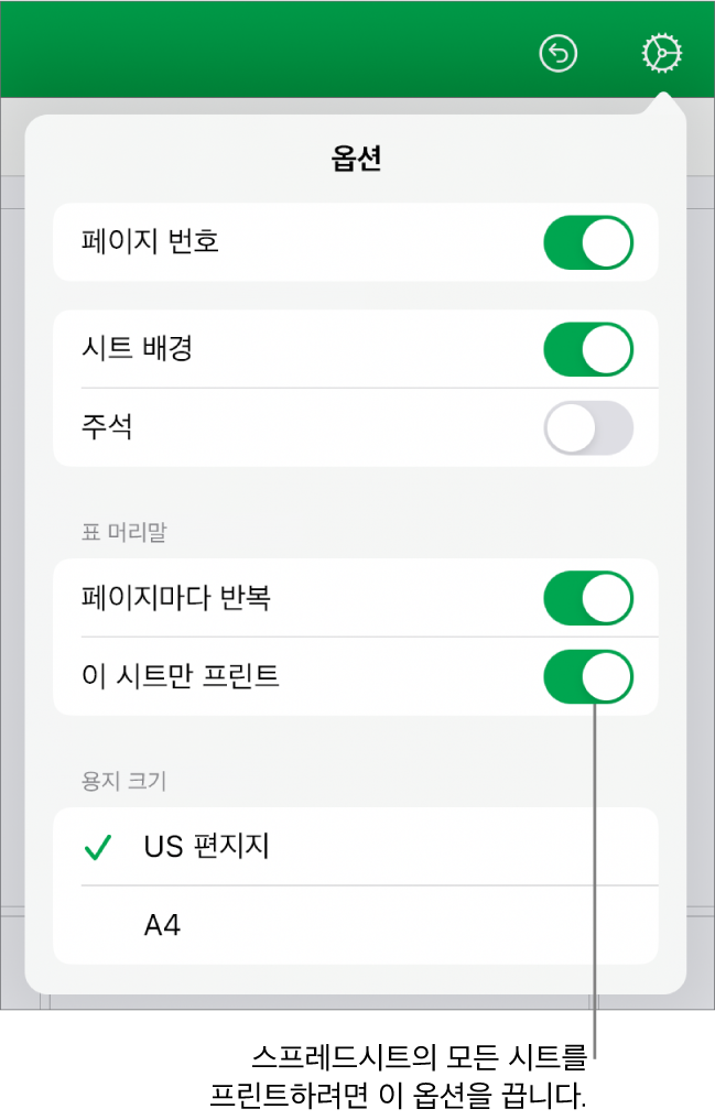 페이지 번호를 표시하거나, 각 페이지에 머리말을 반복하거나, 용지 크기를 변경하거나, 전체 스프레드시트를 프린트할지 아니면 현재 시트만 프린트할지 선택할 수 있는 제어기가 있는 프린트 미리보기 패널.
