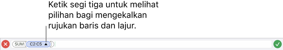 Editor Formula yang menunjukkan cara untuk mengekalkan rujukan baris dan lajur apabila sel disalin atau dipindahkan.