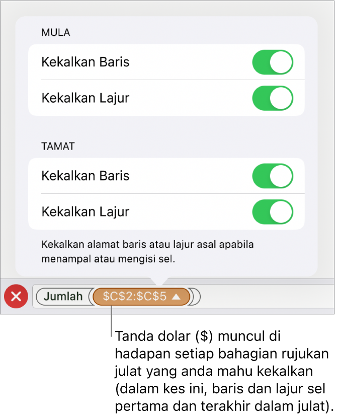 Kawalan untuk menentukan rujukan baris dan lajur sel yang perlu dikekalkan jika sel dialihkan atau disalin. Simbol dolar kelihatan sebelum setiap bahagian rujukan julat yang anda mahu kekalkan.