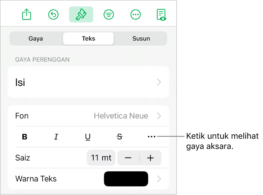 Kawalan Format dengan gaya perenggan di bahagian atas, kemudian kawalan Fon. Di bawah fon ialah butang Tebal, Italik, Garis Bawah, Garis Potong dan Lebih Banyak Pilihan Teks.