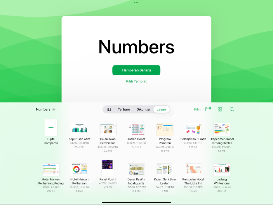 Pengurus dokumen Numbers dengan butang untuk mencipta hamparan baharu atau memilih templat di bahagian atas skrin dan kawalan untuk membuka hamparan disimpan di bahagian bawah.
