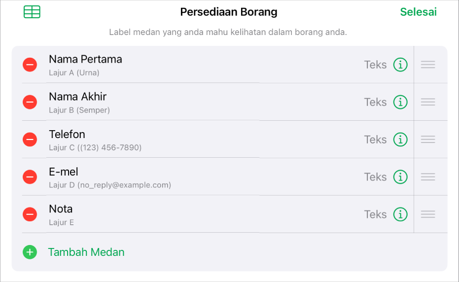 Kawalan persediaan borang, menunjukkan pilihan untuk menambah, mengedit, menyusun semula dan memadam medan, serta menukar format medan (seperti daripada Teks ke Peratusan).