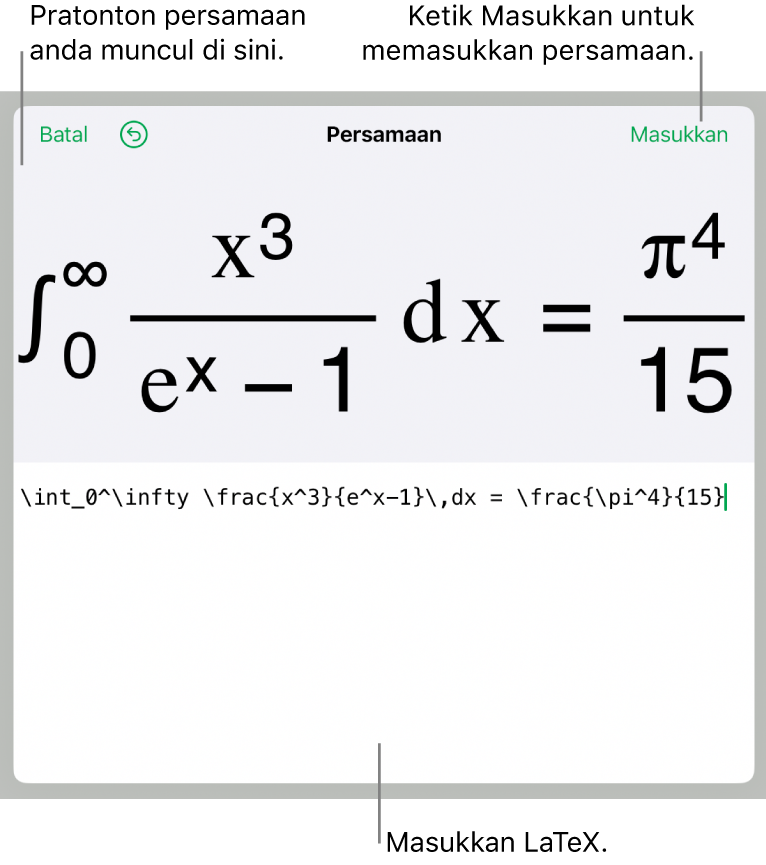 Dialog Persamaan, menunjukkan persamaan yang ditulis menggunakan perintah LaTex manakala pratonton formulanya di atas.