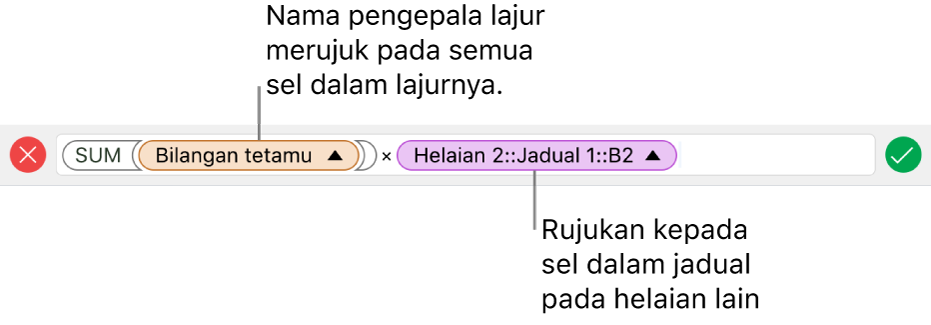 Editor Formula menunjukkan formula yang merujuk pada lajur dalam satu jadual dan sel dalam jadual lain.