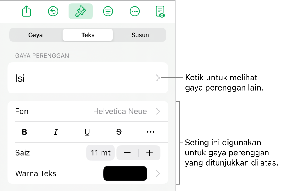 Menu Format menunjukkan kawalan teks untuk mengesetkan perenggan dan gaya, fon, saiz dan warna aksara.