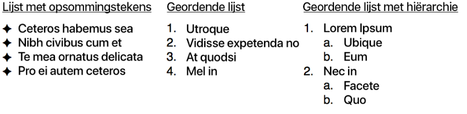 Voorbeelden van lijsten met opsommingstekens, geordende lijsten en geordende lijsten met een hiërarchie.