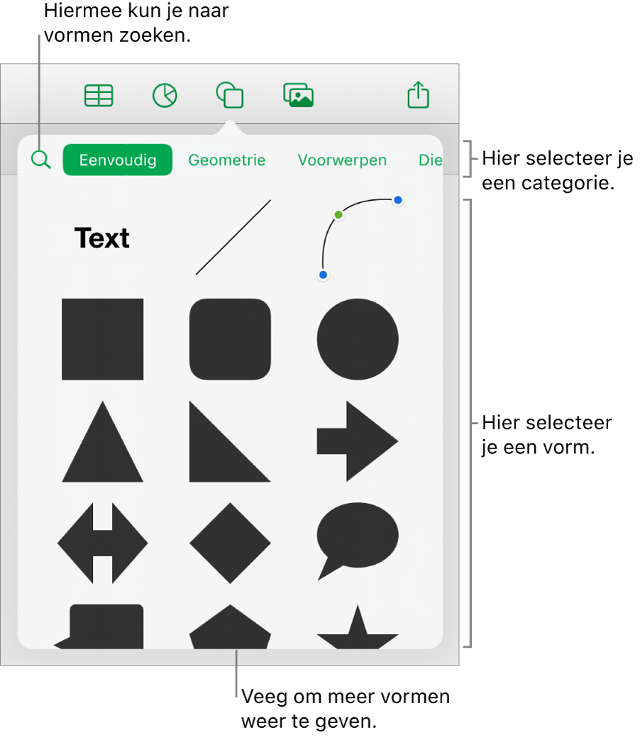 De vormenbibliotheek met bovenaan categorieën en onderaan vormen. Je kunt het zoekveld bovenaan gebruiken om vormen te zoeken. Veeg om meer opties weer te geven.