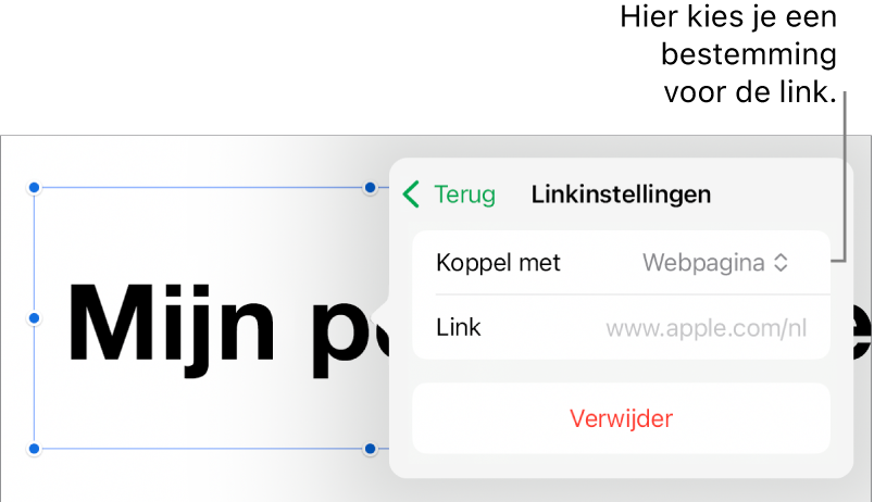 De regelaars voor linkinstellingen. 'Webpagina' is geselecteerd en onderaan staat de knop 'Verwijder'.